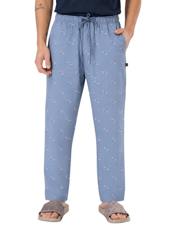 Men's 100% Cotton Lounge Pyjama Pants - Sky Blue Printed | No Marks Elastic, Invisible Left Zipper Pocket, Dual Side Pockets, Drawcord | Night Pants, Lower for Men, Leisure Wear-image-39