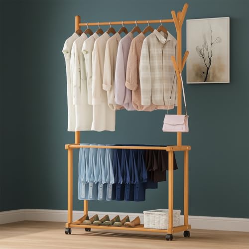Image of LEOPAX Rolling Coat Rack, Bamboo Garment Rack, Clothes Hanging Rail With 2 Shelves 4 Hooks for Shoes, Hats & Scarves, Clothes Stand For Hallway, Living Room, Guest Room (Size : 80x37x175cm) - Beige
