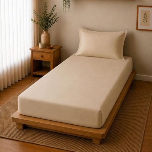 Image of Linen Home Cotton Percale Fitted Bedsheet Set Single Size Light Taupe