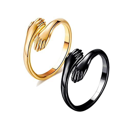 Pack of 2 Adjustable Stainless Steel Black and golden Color Hug Ring Valentine's Day/Anniversary Love Couple Embrace Statement Promise Hand Hug Me Thumb Finger-image-18