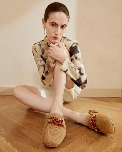 Image of NEWBELLA Mousse Fit Women Flat Mules Commute Pointed Toe Mules Flats Slip On Slides Walking Shoes, Beige 9