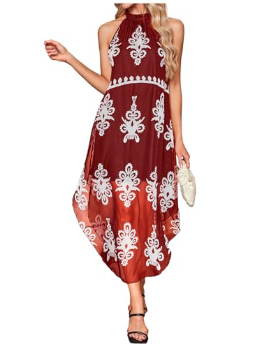 Image of Verdusa Women's Summer Dress Halter Flowy Asymmetrical Western Dress Boho Vacation Outfits