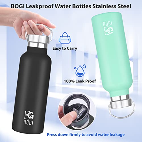 Bogi 20Oz Insulated Water Bottle, Wide Mouth Stainless Steel Water Bottles Leakproof Black Metal Water Bottle With Straw And Handle Bpa Free Steel Water Bottle For School Fitness Outdoor Sports-Black #TOP3