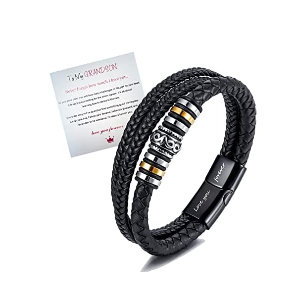 To My Son/To My Grandson Bracelet- "I Will Always Be With You" Braided Leather Bracelet for Men Boys, Stainless Steel Inspirational Wristband, Handmade Mens Braided Leather Bracelet Bangle Wristband (Grandson, Stainless Steel)