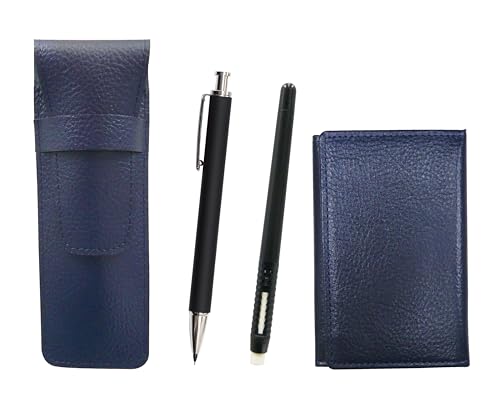 牛革青ペンケースと名刺入れ ペン型消しゴム黒と押し出し成型ラバー軸真鍮ノックシャープペンセット 黒 SASL-MEIL-MC46B-HS301S