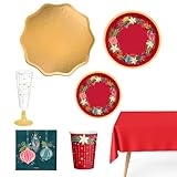 OH YEAH - Kit Vajilla Navidad 12 Personas Ornaments - 82 Piezas - Platos, Vasos, y Servilletas Desechables - Temática Navideña - Cenas Navideñas, Reuniones Familiares y Fiestas de Fin de Año