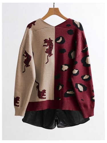 Image of WDIRARA Women's Leopard Tiger Print Cardigan V Neck Long Sleeve Color Block Button Down Sweater Outwear