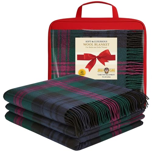BRAW CLANS TARTANS Decke aus 100prozent Reiner Wolle, 188 x 157 cm, Schottenkaro Mit Fransen - Weich, Kariert, Gemütlich für Sofa, Camping, Picknick - Warme Winterdecke (Baird Modern)