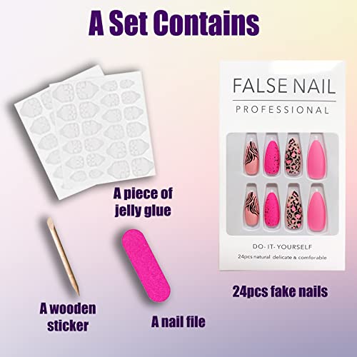 Qingge Stiletto Press On Nails Medium Long Length Hot Pink Fake Nails With Zebra Leopard Print Design Cool Matte Acrylic Nails Stick On Nails Tips Glue On Nails False Nails For Women 24Pcs #TOP2