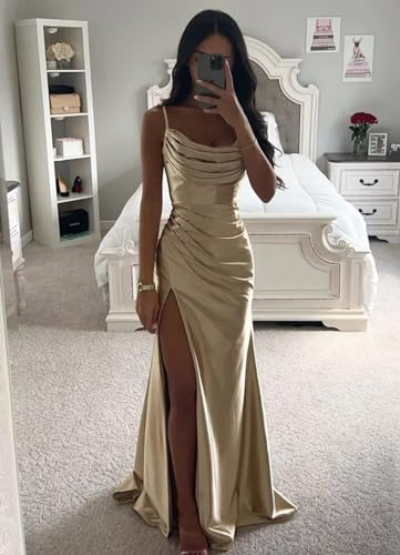 Spaghetti Straps Satin Prom Dress with Slit Long Formal Bridesmaid Dress Backless Mermaid Wrap Evening Dress3