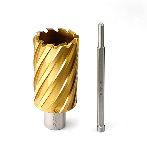 Annular Cutter Hss Tin Coated Jestuous 3/4 Inch Weldon Shank 2 Cutting Depth 1-1/2 Cutting Diameter Two Flat Bit For Drill Press With Pilot Pin #TOP6