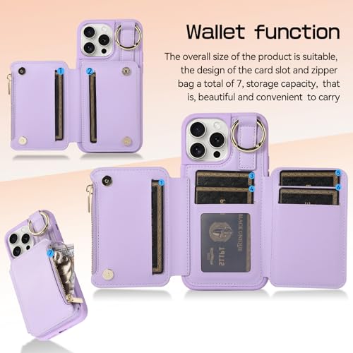 Furiet Wallet Case for iPhone 16 Pro Max 6.9 inch with Wrist/Shoulder Strap Card Holder Ring Zipper Pocket, 6+ Card Slots RFID Blocking Phone Cover for i Phone16 16Pro i16 ProMax 16ProMax Purple by Furiet - Image 4