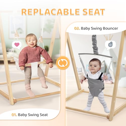 JOYMOR 2-in-1 Wooden Baby Swing & Jumper with A-Frame Foldable Stand for Indoor and Outdoor Use, Montessori Play Set with Baby Swing-Seat for Toddlers 6-36 Months