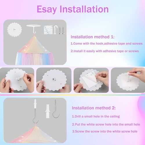Image of Princess Rainbow Bed Canopy with Lights for Girls Bed Net,Princess Canopy for Kids Bed Room Decor (Rainbow + Lights)