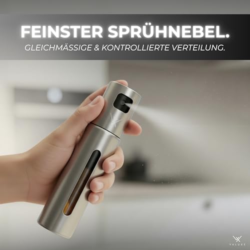 VALUXE® Ölsprüher für Speiseöl & Essig mit UV-Edelstahlmantel & Sprühfilter - Edelstahl Öl-Sprühflasche - Präziser Essig & Olivenöl Sprüher, Öl-Zerstäuber, Oil-Sprayer Edelstahl 2