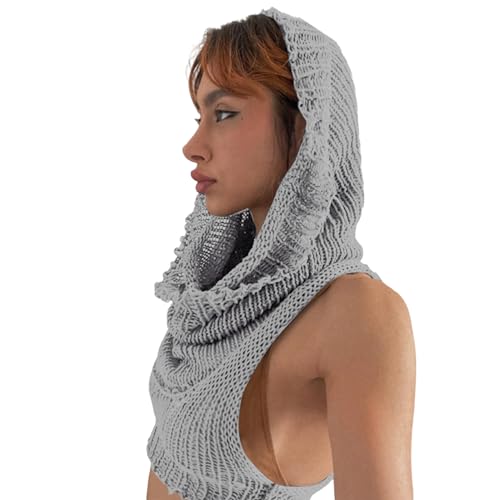Image of Women's Knitted Hoodie Sweater Vest Sexy Sleeveless Hollow Out Hooded Crop Top Draped Sweatshirt Streetwear