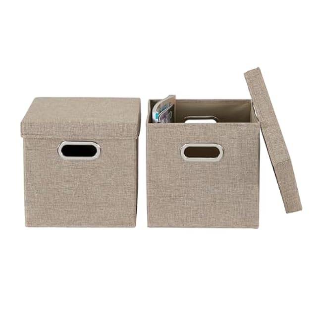Household Essentials 802-1 Caf¨¦ Cube Bin Storage Set with Lids and Handles | 2 Pack, Brown Linen