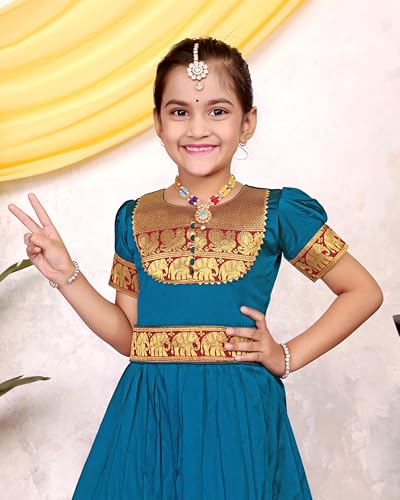 Image of Girls Silk Pattu Gown for Kids Traditional South Indian Long Ethnic Dress | Baby Girl Festival Pavadai Sattai Style Party Wedding Birthday Special Occasion Outfit