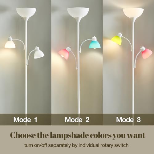 Image of White Floor Lamp, 72 inch Tall Standing Floor Lamp with 5 Replace Lampshades | Torchiere Lamps with 8W Adjustable Reading Lights, Floor Lamps for Living Room, Bedroom, Office, Bulbs Included
