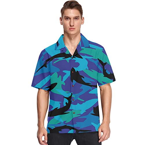 visesunny Mens Casual Button Down Short Sleeve Hawaiian Shirt Suits Shark Animal Camouflage Pattern Aloha Shirt