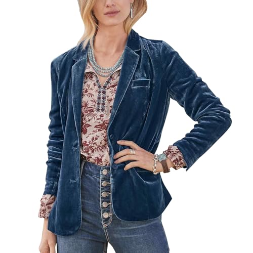 MINTLIMIT Ladies Notched Lapel Velvet Blazer Coat Casual V Neck Cozy Lightweight Jacket Suit for Women (Light Blue,2XL)