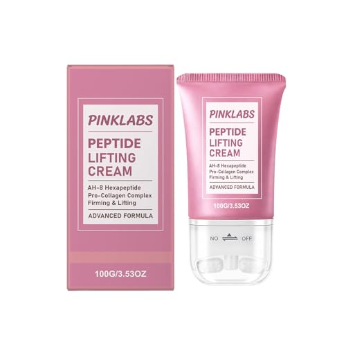 PINKLABS Peptide Lifting Cream Anti Aging Neck Cream with Cooling Massage Roller Face & Neck Firming Moisturizer for Crepey Skin Deep Hydration All Skin Types (pink)