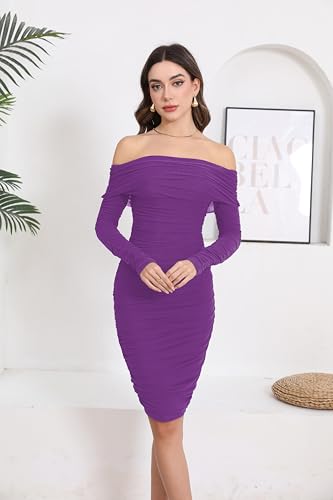 Image of Fooullaide Women's Sexy Off Shoulder Sleeveless Bodycon Ruched Midi Dress | Stretchy, Breathable, Mesh, Not See-Through, Elegant,Formal Gown, Cocktail, Evening, Party, Night Out Tube Dresses