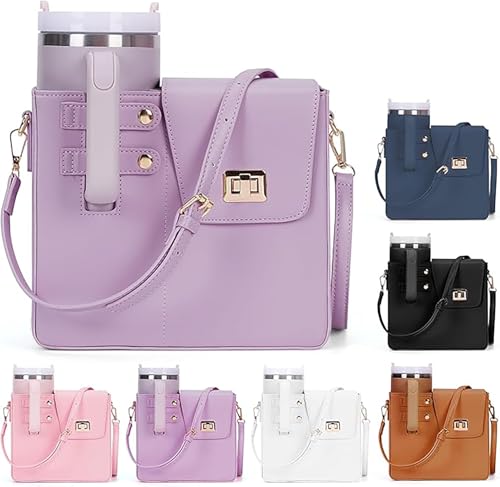 Image of House of Quirk Outdoor Portable Crossbody Tumbler Holder Bag with Purse Compartment - Travel Water Bottle Carrier for Hiking, Walking, Camping (Mauve)