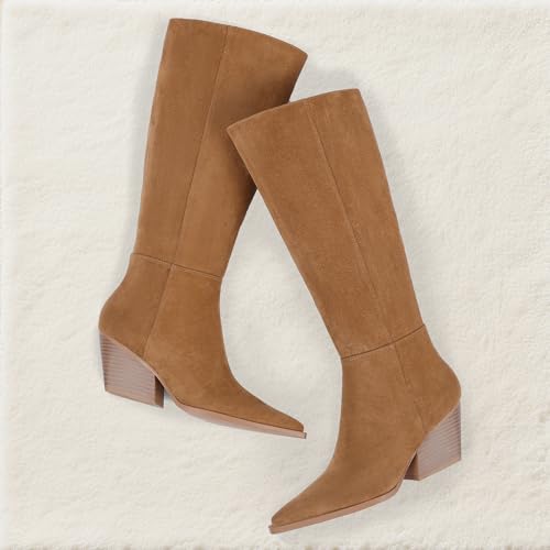 Mattiventon Knee High Boots Women Fall Chunky Heel Tall Snip Toe Pull on Womens Comfortable Brown Trendy Suede Boots 2025 with Side Zipper2
