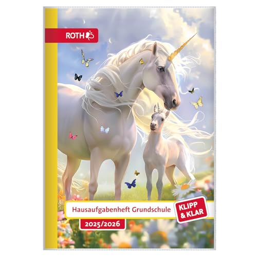 ROTH Klipp&Klar Grundschul-Aufgabenheft mit Tagesfarben und Kalendarium 2025/2026, A5, 1 Woche 2 Seiten, Einhornwiese