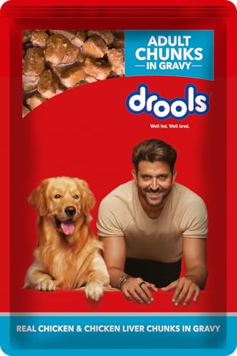Image of Drools Adult Wet Dog Food, Real Chicken and Chicken Liver Chunks in Gravy,10 Pouches + 2 Pouches Free (12 x 60g) (Pack of 2)
