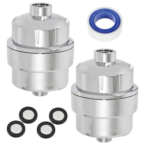 SPARES2GO Inline Shower Filter for Hard Water Softener Vitamin C Purifier Head 15 Stage Replaceable Cartridge (Chrome) x 2