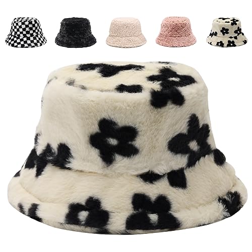Image of Bucket Hat Women Furry Fuzzy Bucket Hats for Ladies, Winter Warm Fluffy Plush Faux Fur Hat for Women