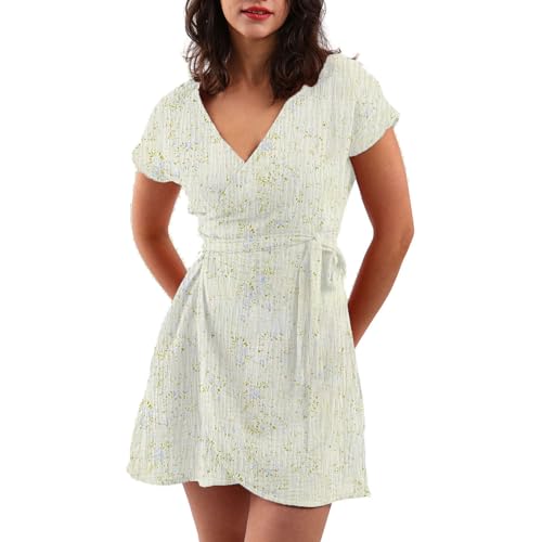 Image of Amazhiyu Women's Cotton Gauze Short Sleeve Wrap Mini Dress | Summer Casual V Neck Sundress