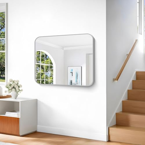 Image of Silver Bathroom Mirror, 30 x 36 Inch Metal Framed Silver Rectangle Mirror, Rounded Corner Rectangular Vanity Mirror, Wall Mounted Mirror for Living Room Bedroom Entryway Horizontal /Vertical