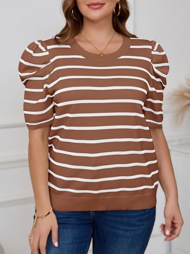 Image of Beautife Womens Plus Size Short Puff Sleeve Sweater Tops Lightweight Striped T Shirts Summer Casual Crew Neck Knit Pullover Khaki