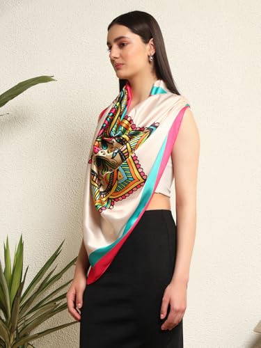 Image of Ravaiyaa - Attitude is everything Women Silk Digital Print Large Square Scarf Breathable Lightweight Neckerchief Printed Headscarf 40 inch x 40 inch Inch