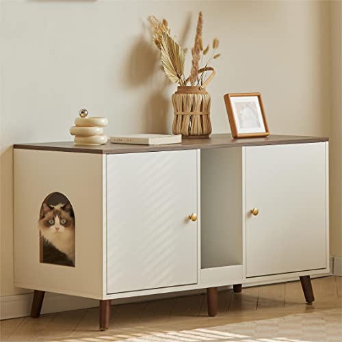 Janflyhome Cat Litter Box Enclosure, Hidden Litter Box Furniture For 2 Cats Washroom With Large Space, Indoor Pet House Crate Cabinet, 42.5"*19.6"*23.8", White #TOP5