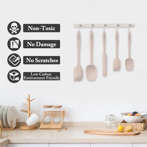 Image of HOTEC 600℉ Heat Resistant BPA-Free Silicone Rubber Spatula Set,Kitchen Cooking Spatulas, Baking, Mixing for Non Stick Cookware, Dishwasher Safe, Set of 5, Khaki