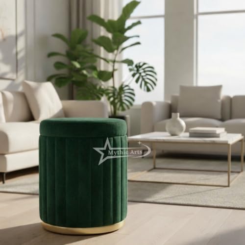 Image of Round Strip Stool with Cushion Foot Rest Office Stool Pouf Ottoman Padded Seat in Living Room - Green