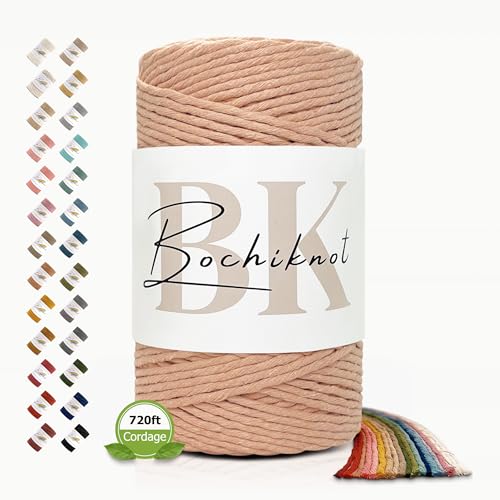 BOCHIKNOT Single Strand Macrame Cord 4mm x 240yds (220m) – Soft Cotton Macrame Rope for Beginners, Easy to Knot for Wall Hangings, Plant Hangers, Fringe and DIY Crafts (Blush)