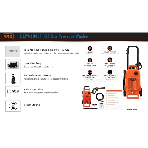 Image of Black + Decker Bepw1800T 1700W 1810 Psi 125 Bar Pressure Washer for Car, Bike, Home & Garden Cleaning Use with Multiple Accessories Included, 1 Year Warranty, Orange & Black