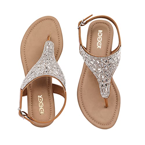 Beneker Women's Rhinestone Thong Flat Sandals T-Strap Fashion Sandals Ankle Strap Summer Gladiator Sandals Brown 10 #TOP3