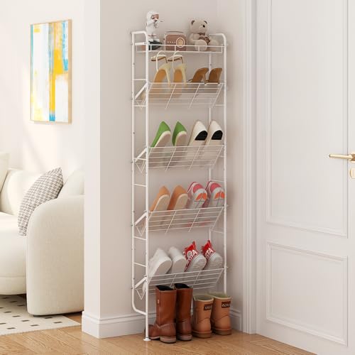 bukfen Narrow Shoe Organizer,Free Standing Shoe Shelf, Slim Behind The Door Organizers,5-Tier Narrow Bathroom Shelf,Slim Corner Shelf,Space-Saving Shoe Storage,Shoe Rack