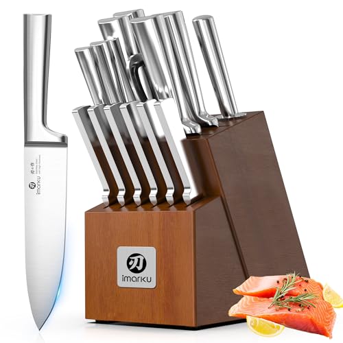 imarku 15-Piece Knife Block Set Built-in Sharpener, Japanese High Carbon Stainless Steel Kitchen Knife Set, Dishwasher Safe, Chef Knife Set with Wooden Knife Block, Steak Knives for Kitchen Cooking
