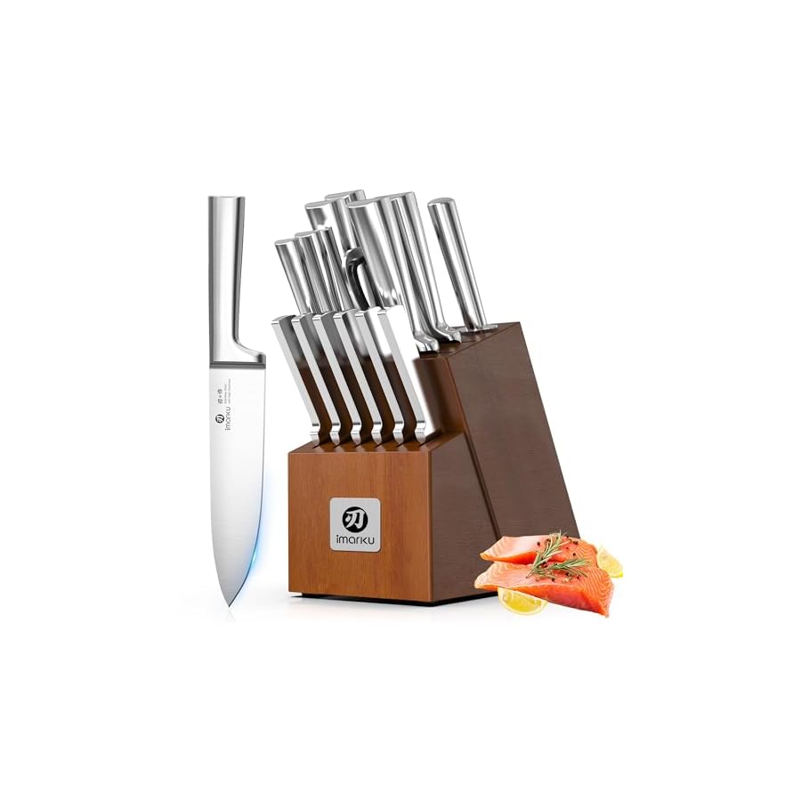 imarku 15-Piece Knife Block Set Built-in Sharpener, Japanese High Carbon Stainless Steel Kitchen Knife Set, Dishwasher Safe, Chef Knife Set with Wooden Knife Block, Steak Knives for Kitchen Cooking