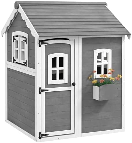 50x50x70in Kids’ Outdoor Wooden Playhouse Includes Two Doors Two Windows Safety Floor PlanterBox for Children Ages 3 to 8 Years