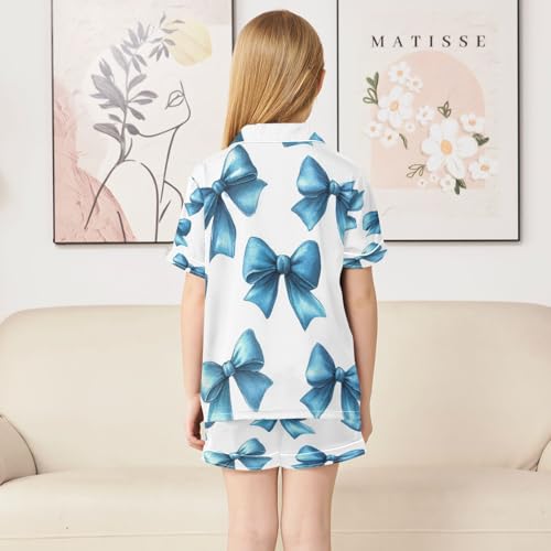 Satin Pajama Sets Short Sleeve Blue Bows on White Button Down Silky Nightwear 2 Piece PJS 5-14Y4