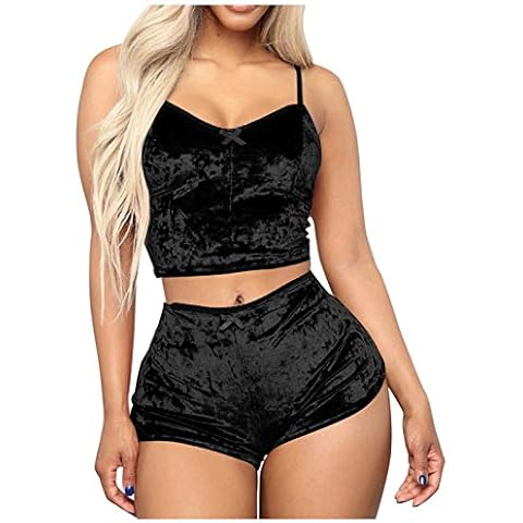 Women Lingerie Pyjamas Set 2 Pieces Velvet Sleepwear for Women with Spaghetti Straps Blouse Sleeveless Camisole Shorts Pj Set Nightwear Black Cover