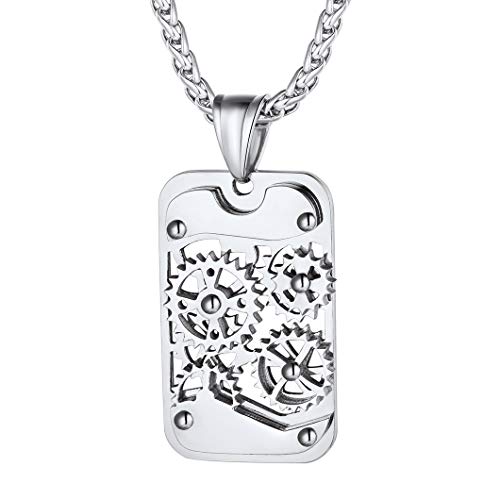 Richsteel Pendentif Collier Homme Roue Tourne Coupé Dog Tag Personnalisé Collier Pendentif Plaque en Argenté,Dog Tag Style Militaire Armée pour Homme...
